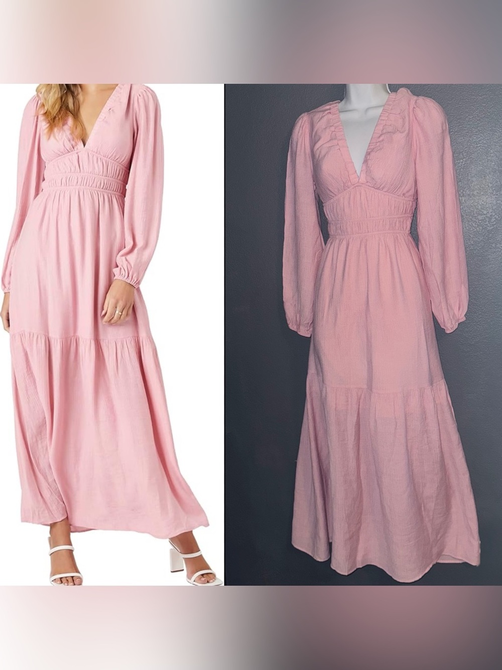 Forever 21 Pink V-Neck Smocked Waist Long Sleeve Maxi Dress Womens Small
